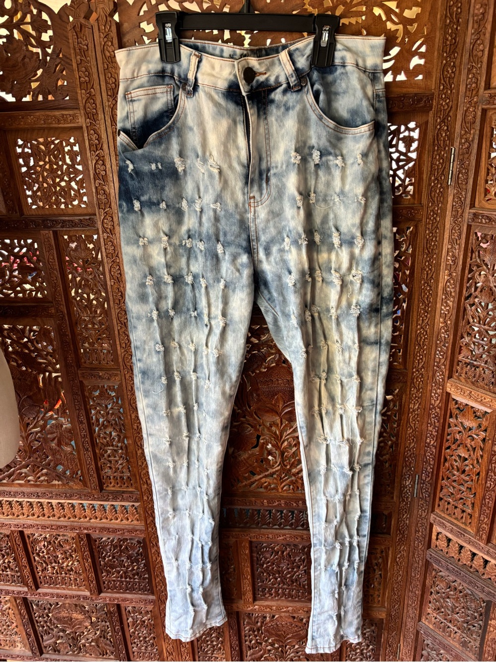 Distressed Tie-Dye Light Blue Straight Leg Jeans